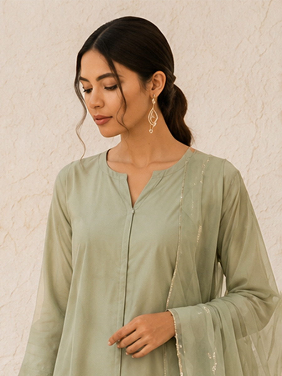 Olive Green Cotton Plain Wedding Party Festival Casual Ready Palazzo Pant Salwar Kameez