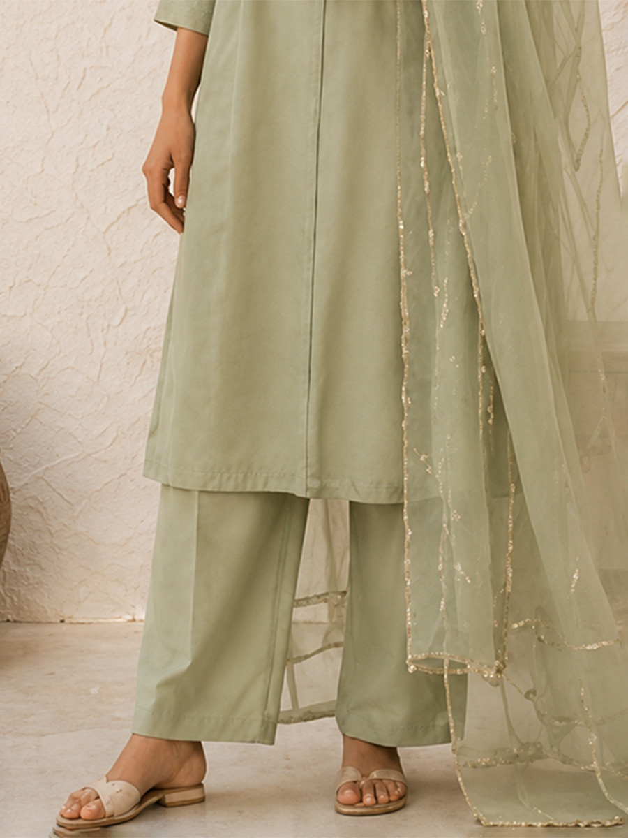 Olive Green Cotton Plain Wedding Party Festival Casual Ready Palazzo Pant Salwar Kameez
