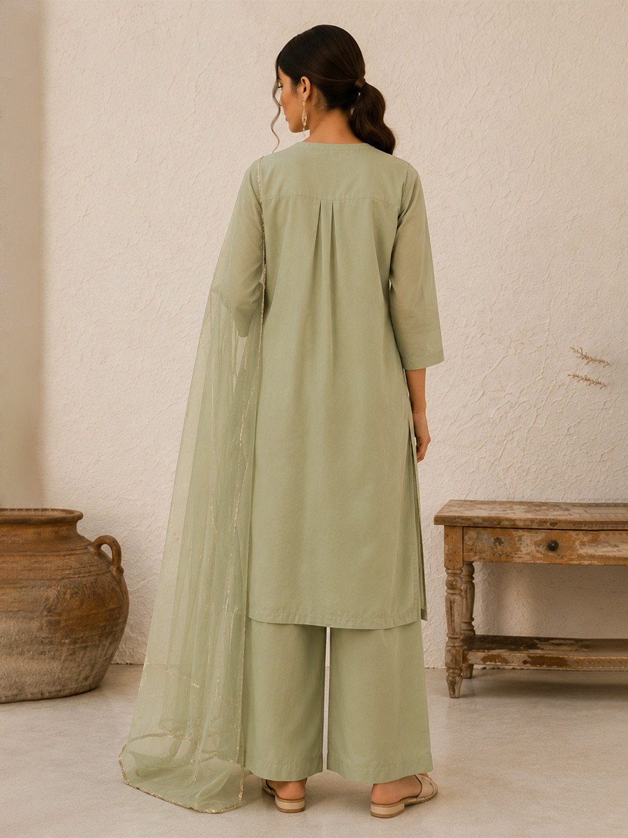 Olive Green Cotton Plain Wedding Party Festival Casual Ready Palazzo Pant Salwar Kameez