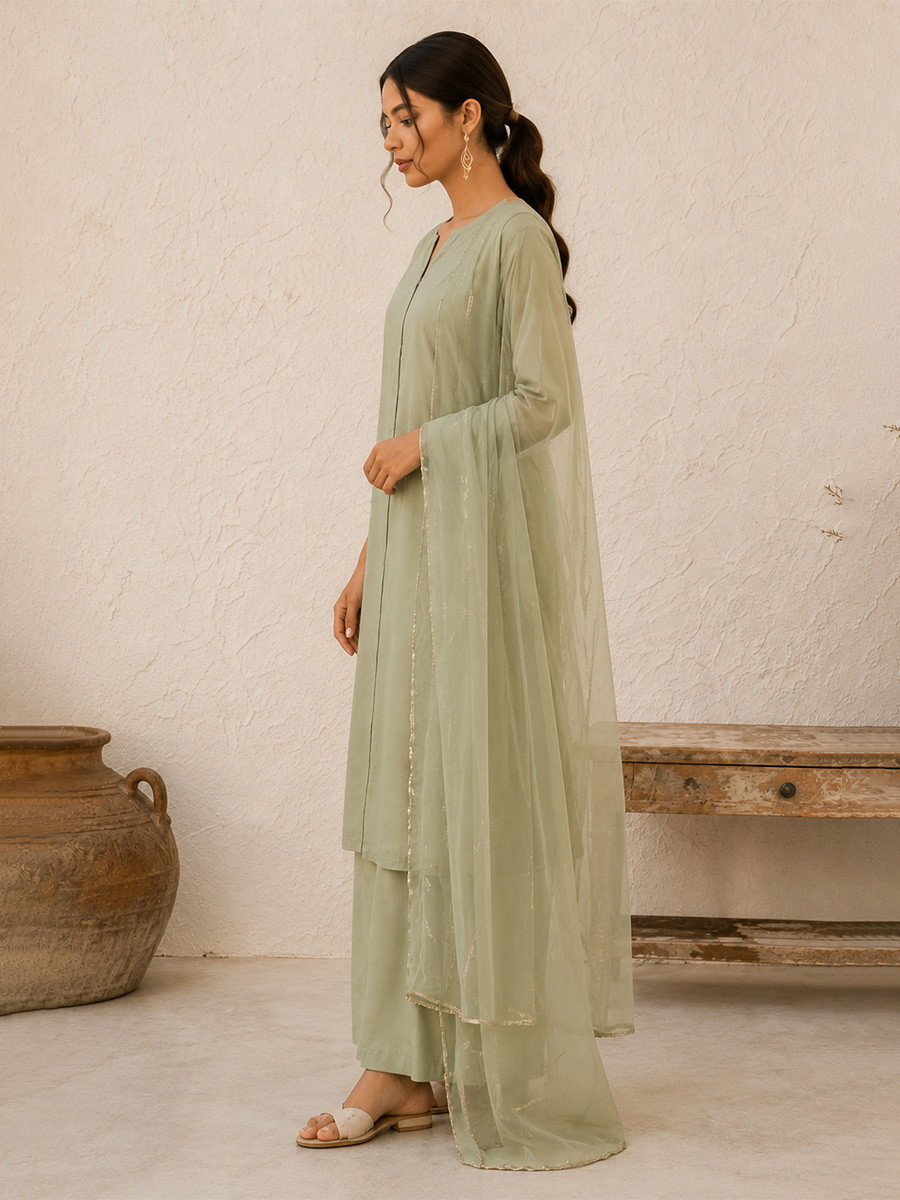 Olive Green Cotton Plain Wedding Party Festival Casual Ready Palazzo Pant Salwar Kameez