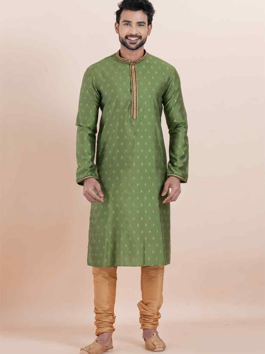 Olive Green Cotton Silk Jacquard Embroidered Festival Wedding Kurta Pyjama Men039s Wear