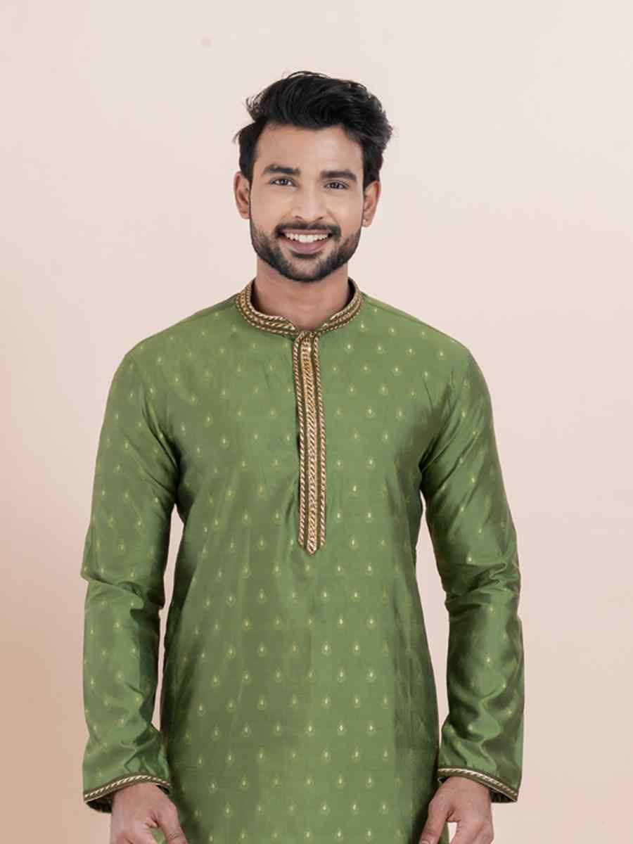 Olive Green Cotton Silk Jacquard Embroidered Festival Wedding Kurta Pyjama Men039s Wear