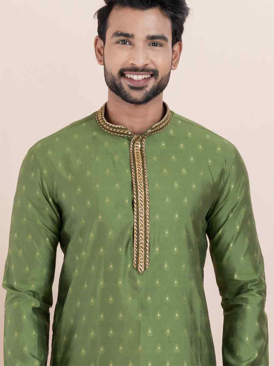 Olive Green Cotton Silk Jacquard Embroidered Festival Wedding Kurta Pyjama Men039s Wear