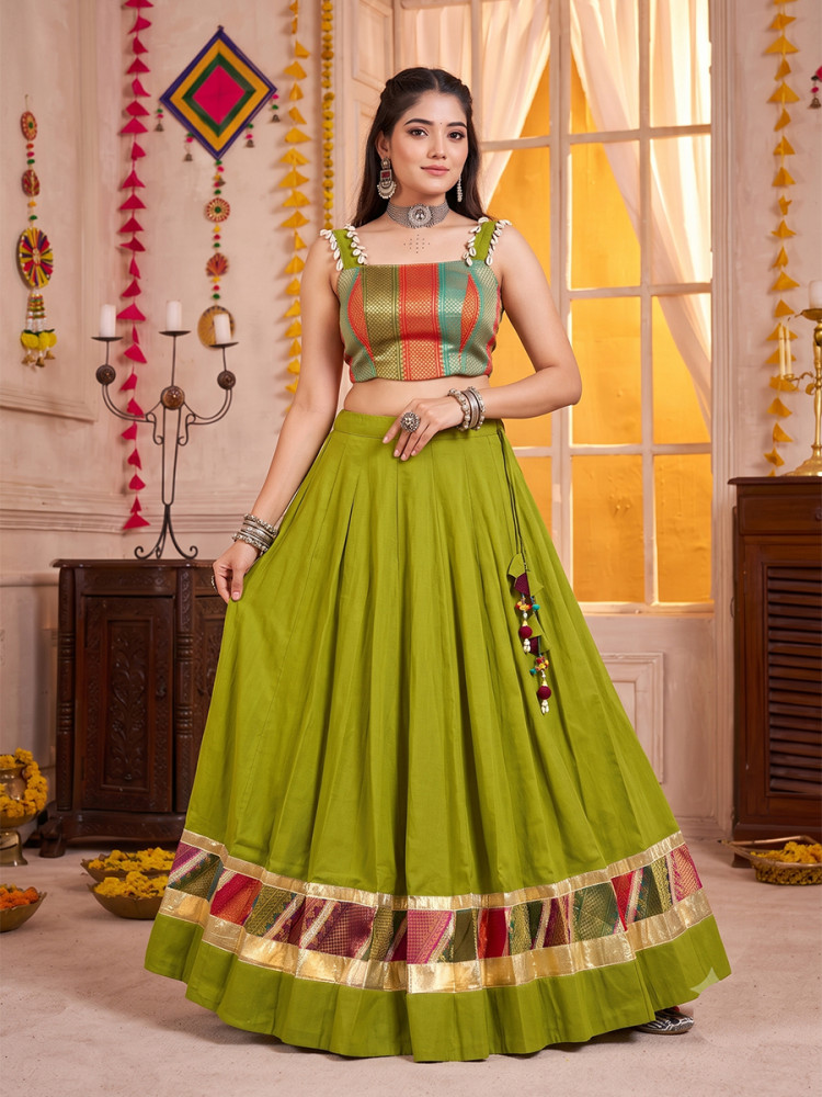 Image of Olive Green Cotton Zari Weaving Wedding Reception Festival Party Wear Circular Lehenga Choli
