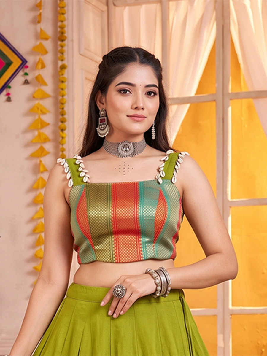 Olive Green Cotton Zari Weaving Wedding Reception Festival Party Wear Circular Lehenga Choli