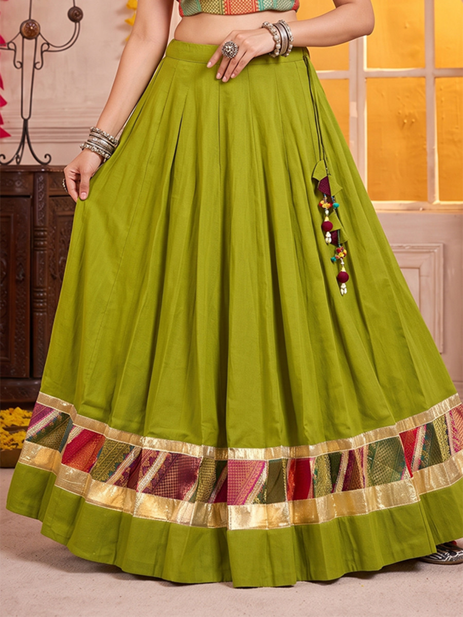 Olive Green Cotton Zari Weaving Wedding Reception Festival Party Wear Circular Lehenga Choli