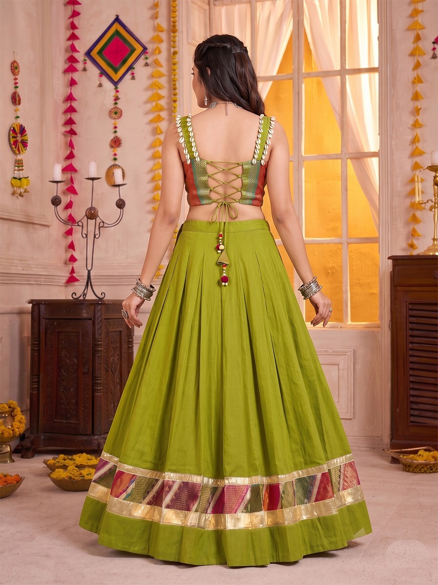 Olive Green Cotton Zari Weaving Wedding Reception Festival Party Wear Circular Lehenga Choli