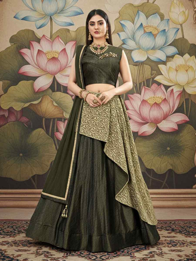 Image of Olive Green Fancy Velvet Embroidered Wedding Reception Festival Heavy Border Lehenga Choli