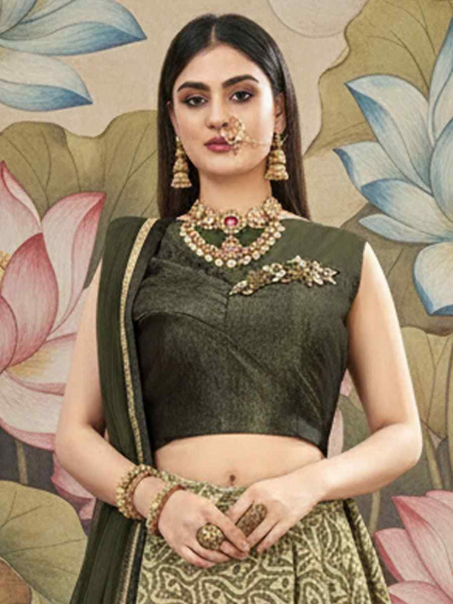 Olive Green Fancy Velvet Embroidered Wedding Reception Festival Heavy Border Lehenga Choli