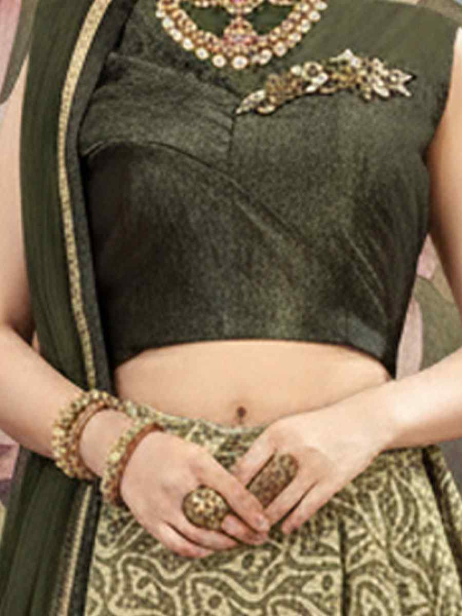 Olive Green Fancy Velvet Embroidered Wedding Reception Festival Heavy Border Lehenga Choli