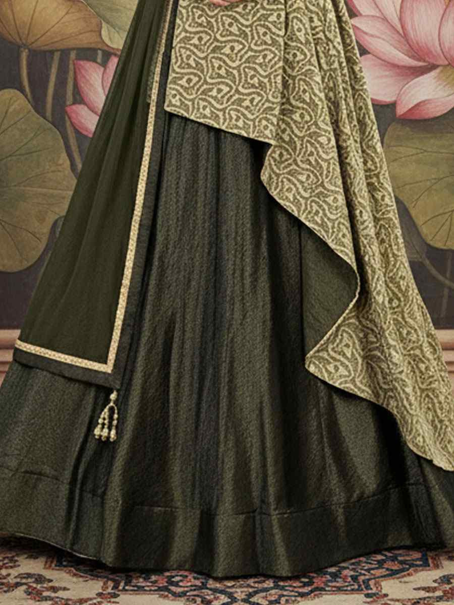 Olive Green Fancy Velvet Embroidered Wedding Reception Festival Heavy Border Lehenga Choli