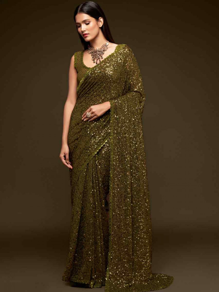 Image of Olive Green Georgette Embroidery Festival Wedding Fancy Heavy Border Saree