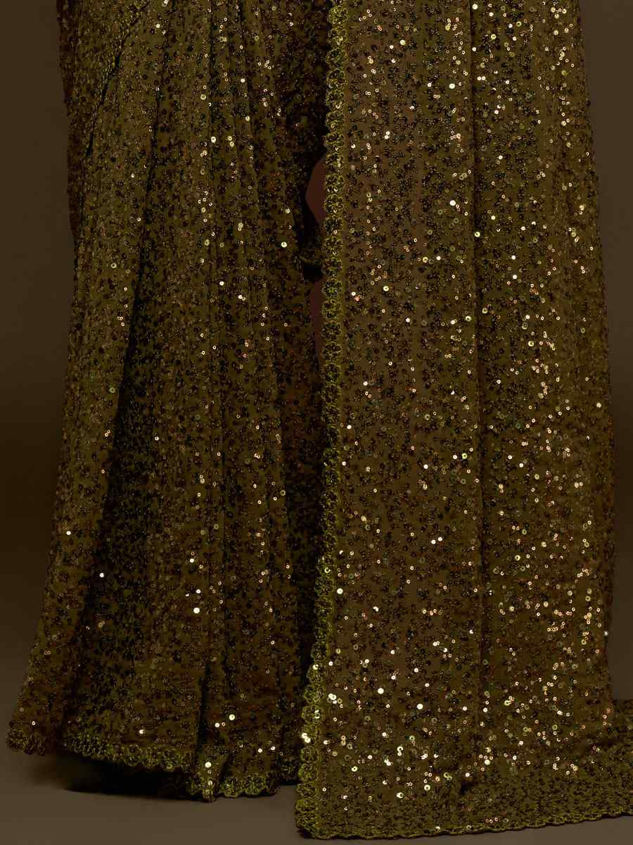 Olive Green Georgette Embroidery Festival Wedding Fancy Heavy Border Saree