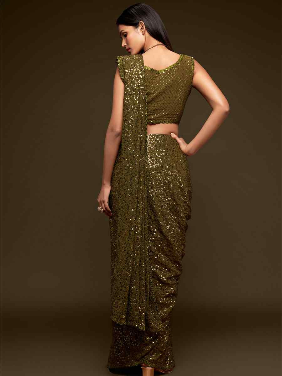 Olive Green Georgette Embroidery Festival Wedding Fancy Heavy Border Saree