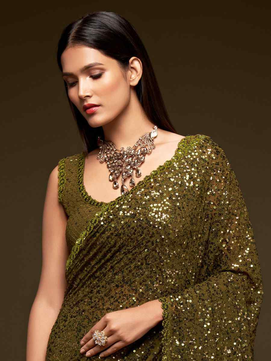 Olive Green Georgette Embroidery Festival Wedding Fancy Heavy Border Saree