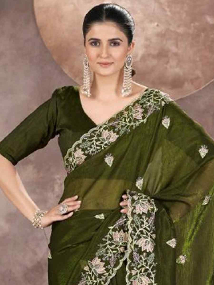 Olive Green Gold Crunchy Embroidered Casual Festival Classic Style Saree