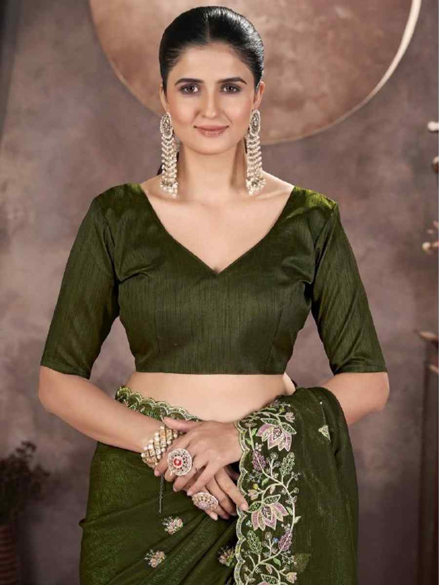 Olive Green Gold Crunchy Embroidered Casual Festival Classic Style Saree