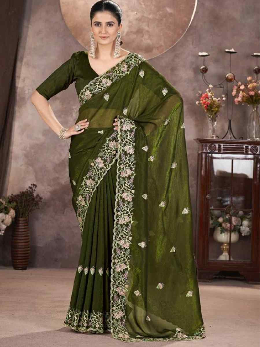 Olive Green Gold Crunchy Embroidered Casual Festival Classic Style Saree