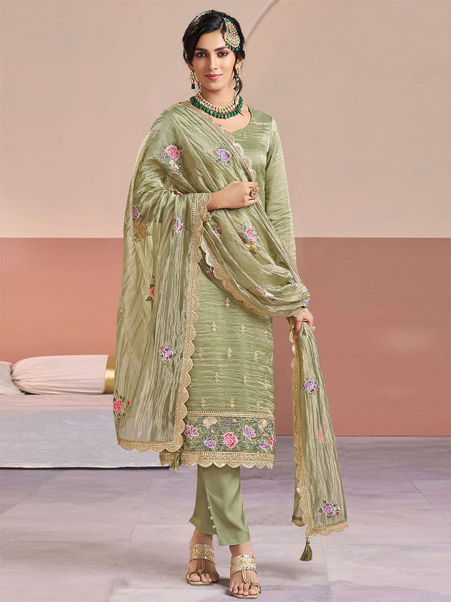 Olive Green Gold Silk Embroidery Wedding Party Festival Casual Pant Salwar Kameez