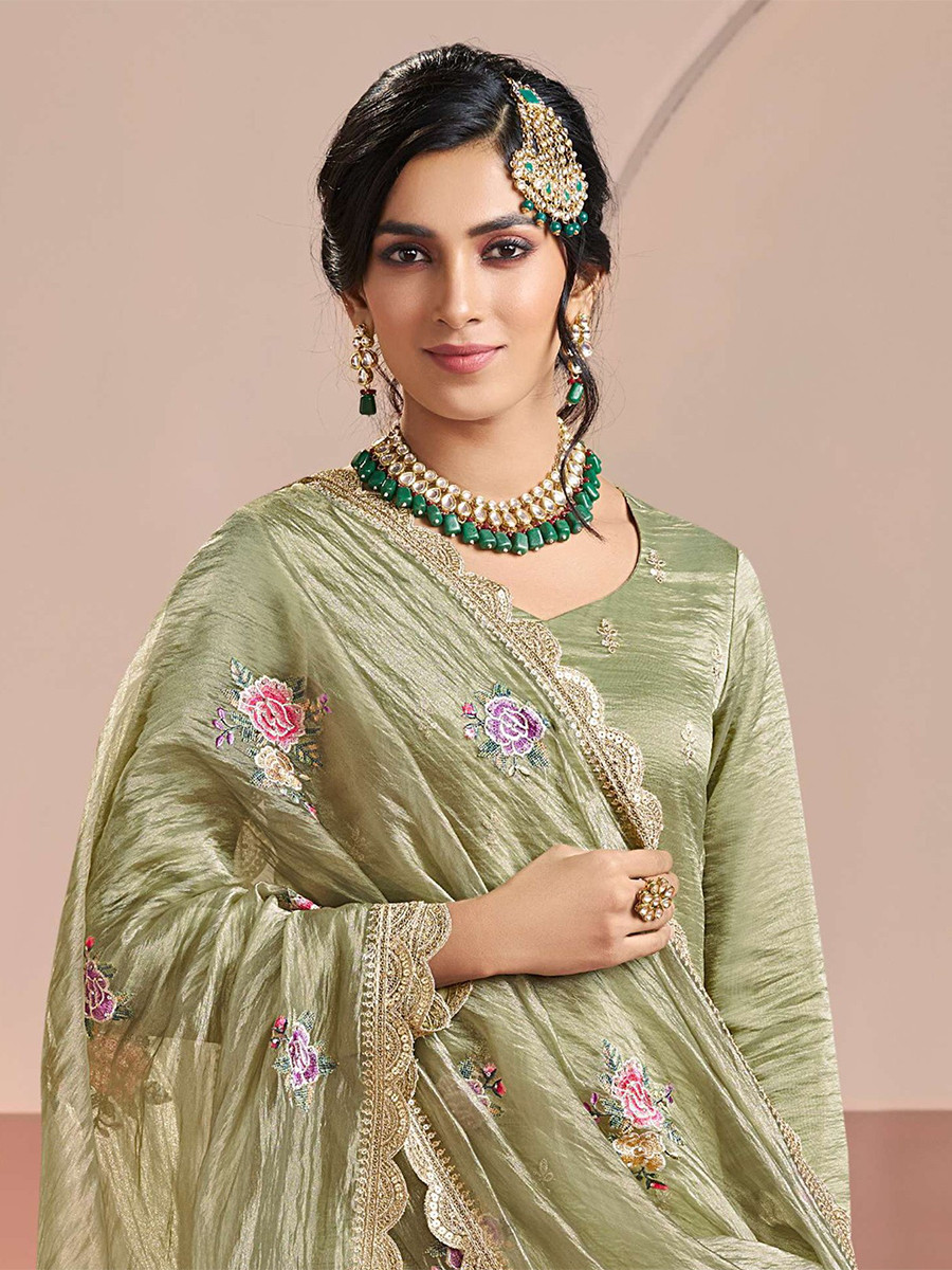 Olive Green Gold Silk Embroidery Wedding Party Festival Casual Pant Salwar Kameez