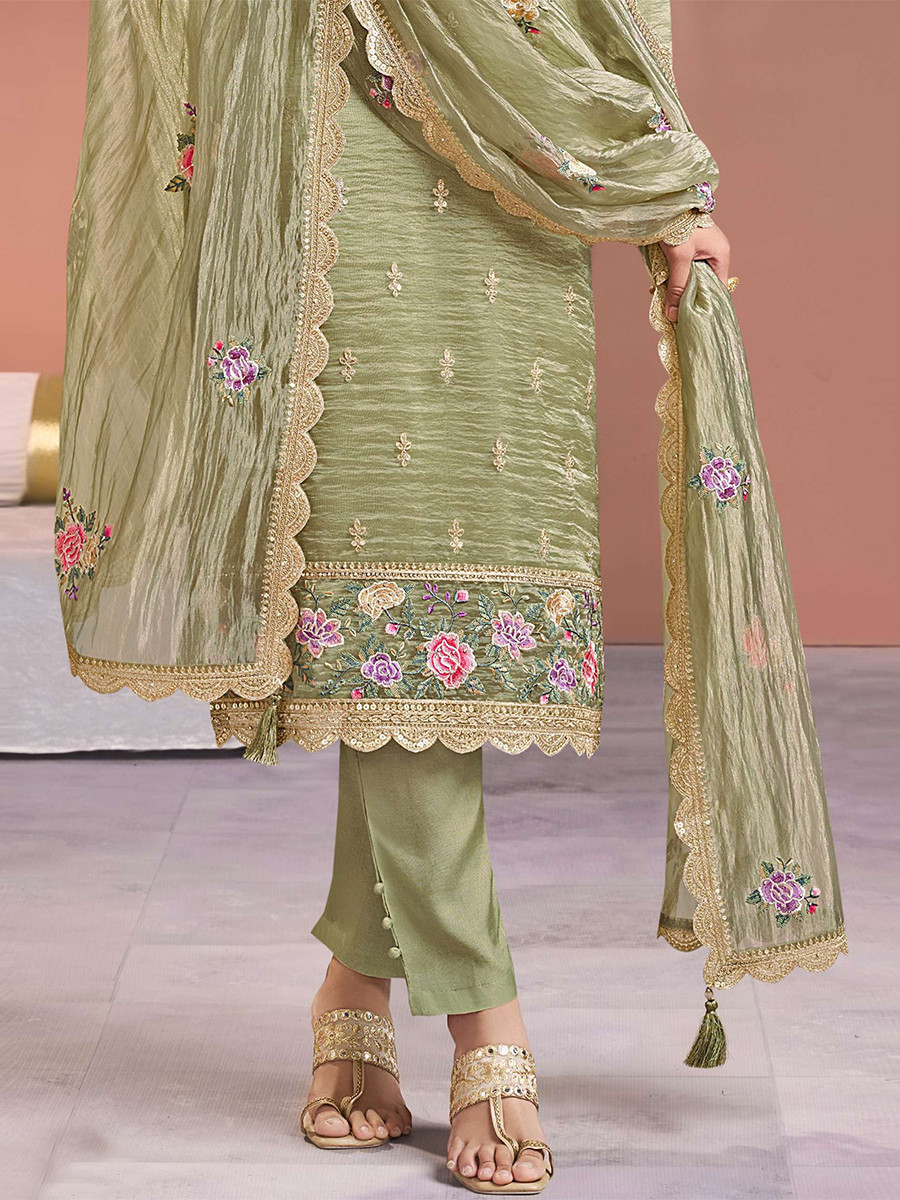 Olive Green Gold Silk Embroidery Wedding Party Festival Casual Pant Salwar Kameez