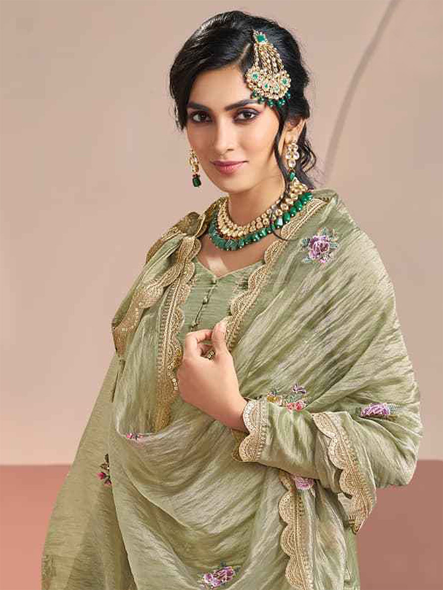 Olive Green Gold Silk Embroidery Wedding Party Festival Casual Pant Salwar Kameez