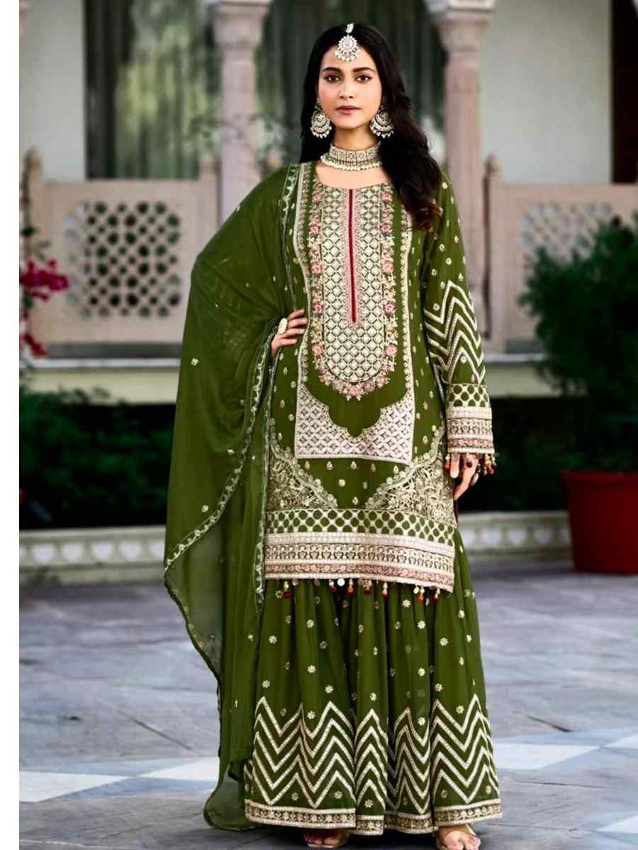 Olive Green Heavy Pure Blooming Georgette Silk Embroidered Festival Casual Ready Sharara Pant Salwar Kameez