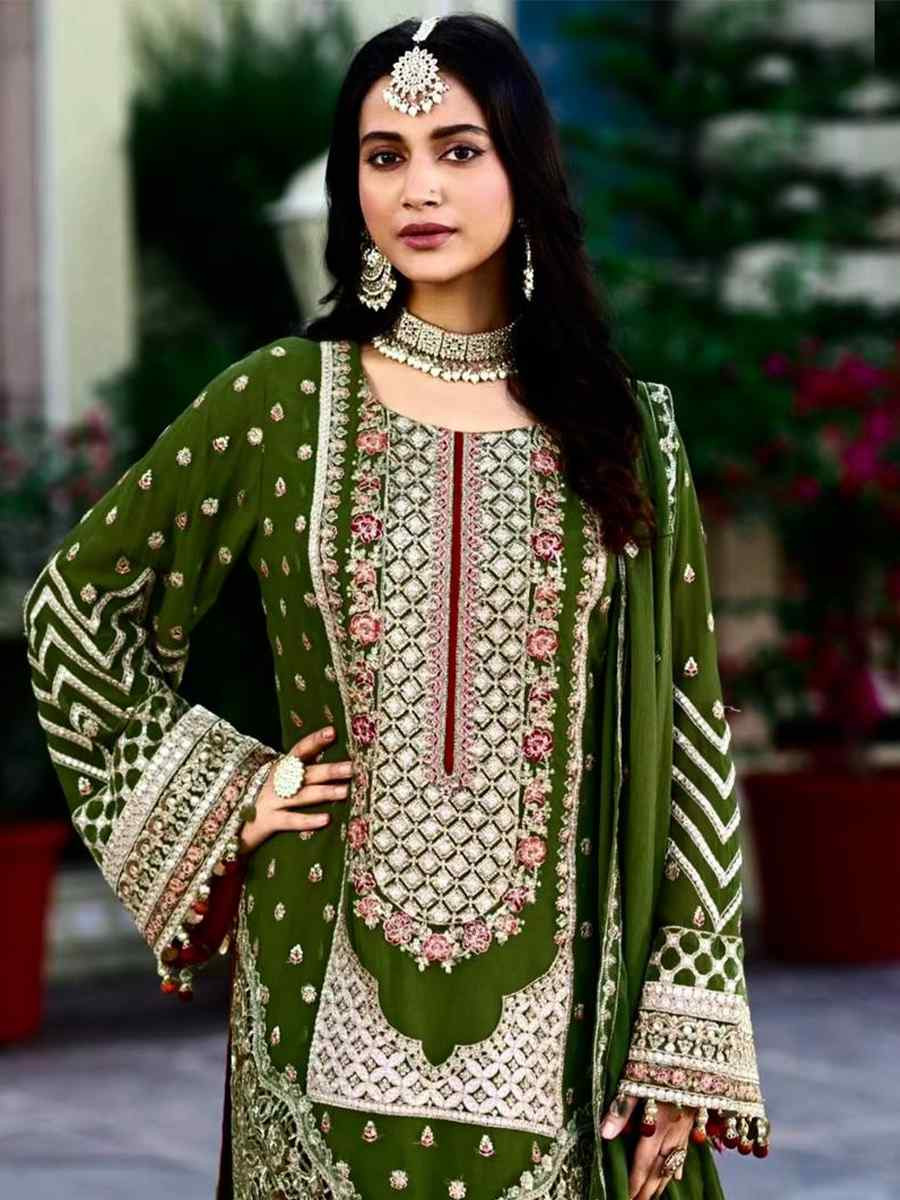 Olive Green Heavy Pure Blooming Georgette Silk Embroidered Festival Casual Ready Sharara Pant Salwar Kameez