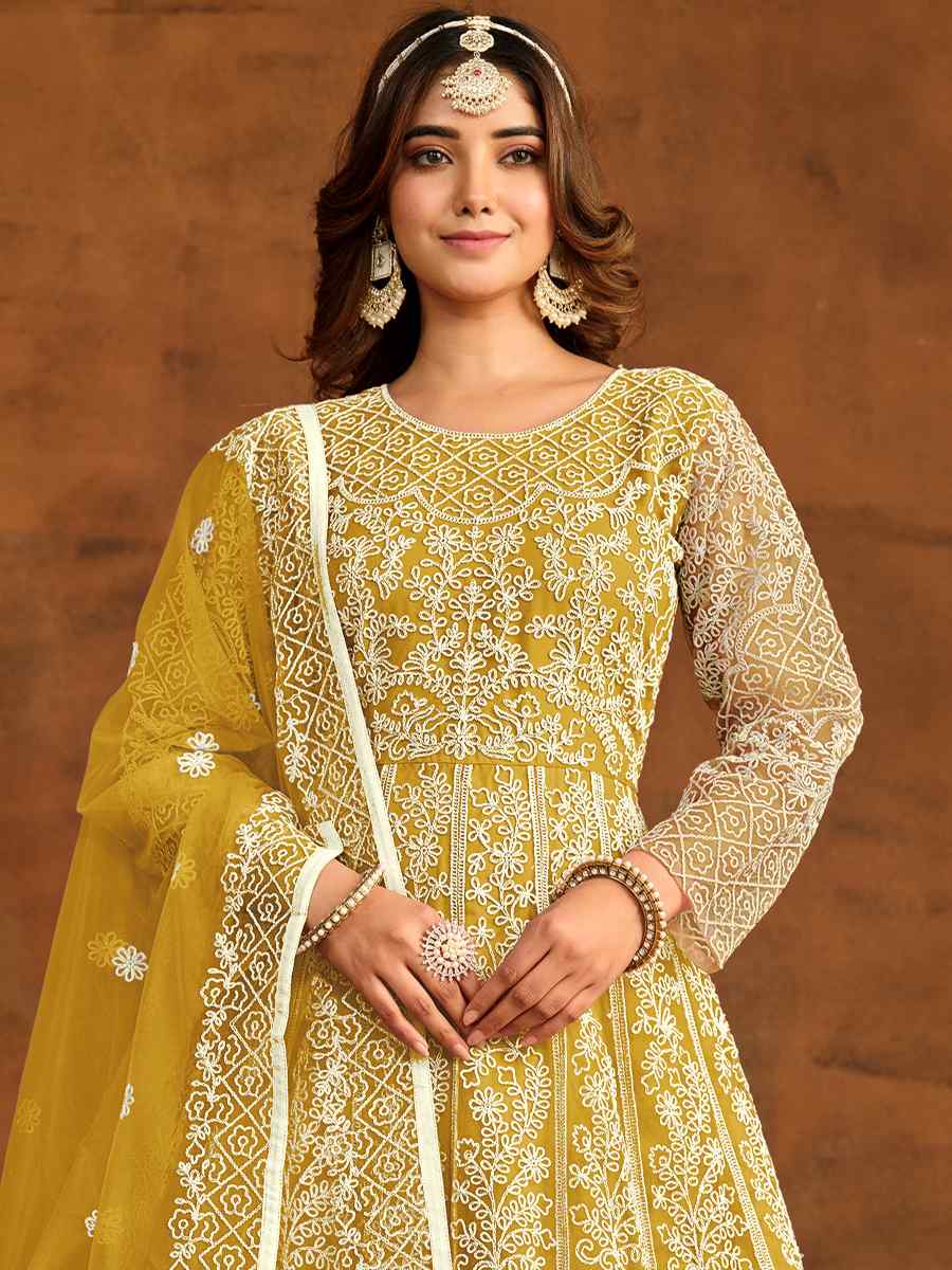 Olive Green Net Embroidered Festival Wedding Anarkali Salwar Kameez