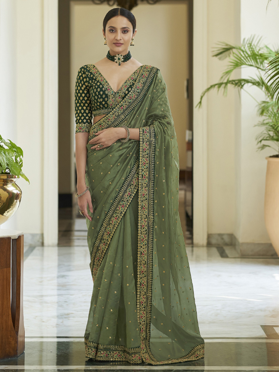 Olive Green Organza Embroidered Party Saree