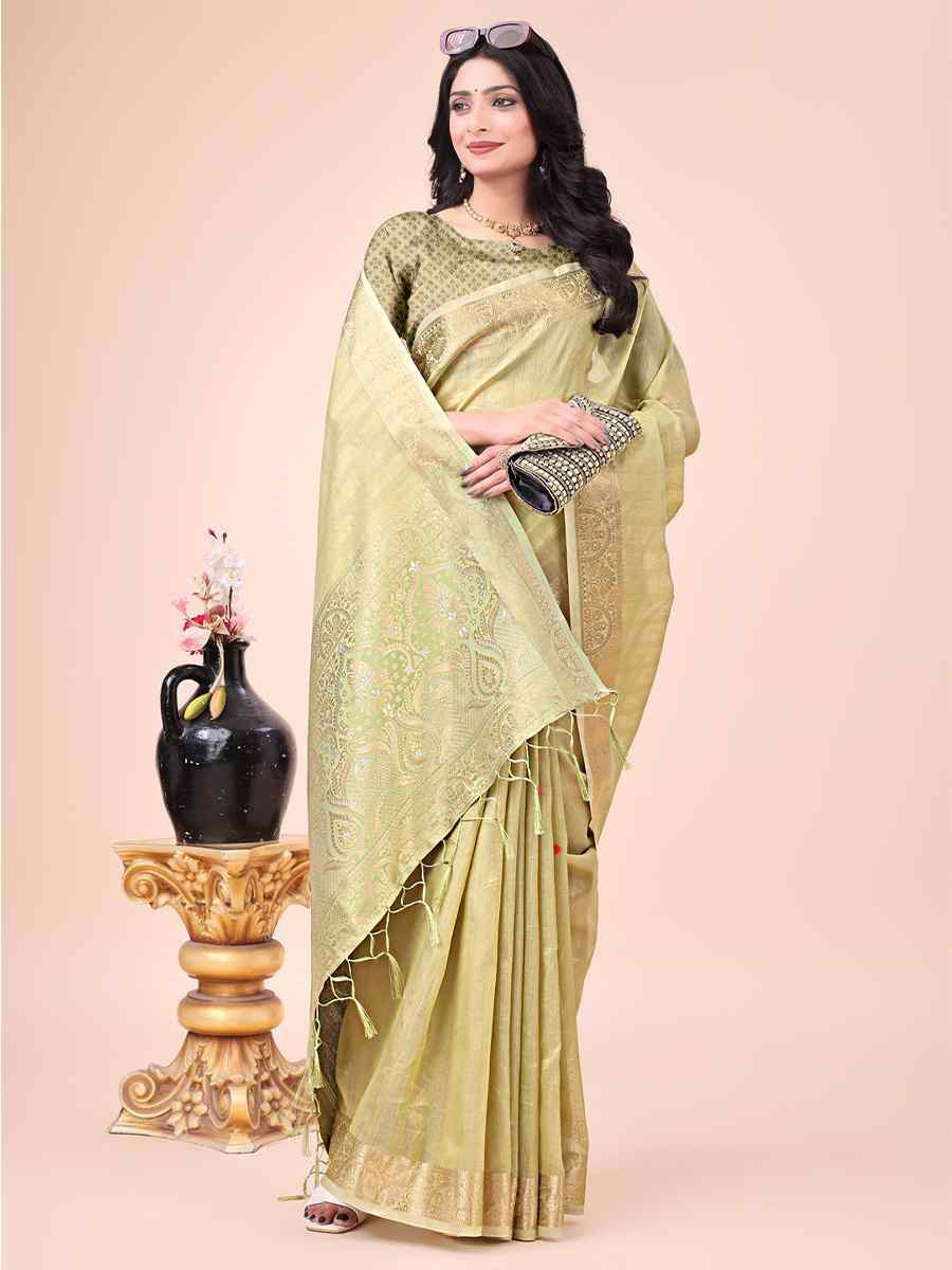 Olive Green Organza Handwoven Festival Wedding Fancy Heavy Border Saree