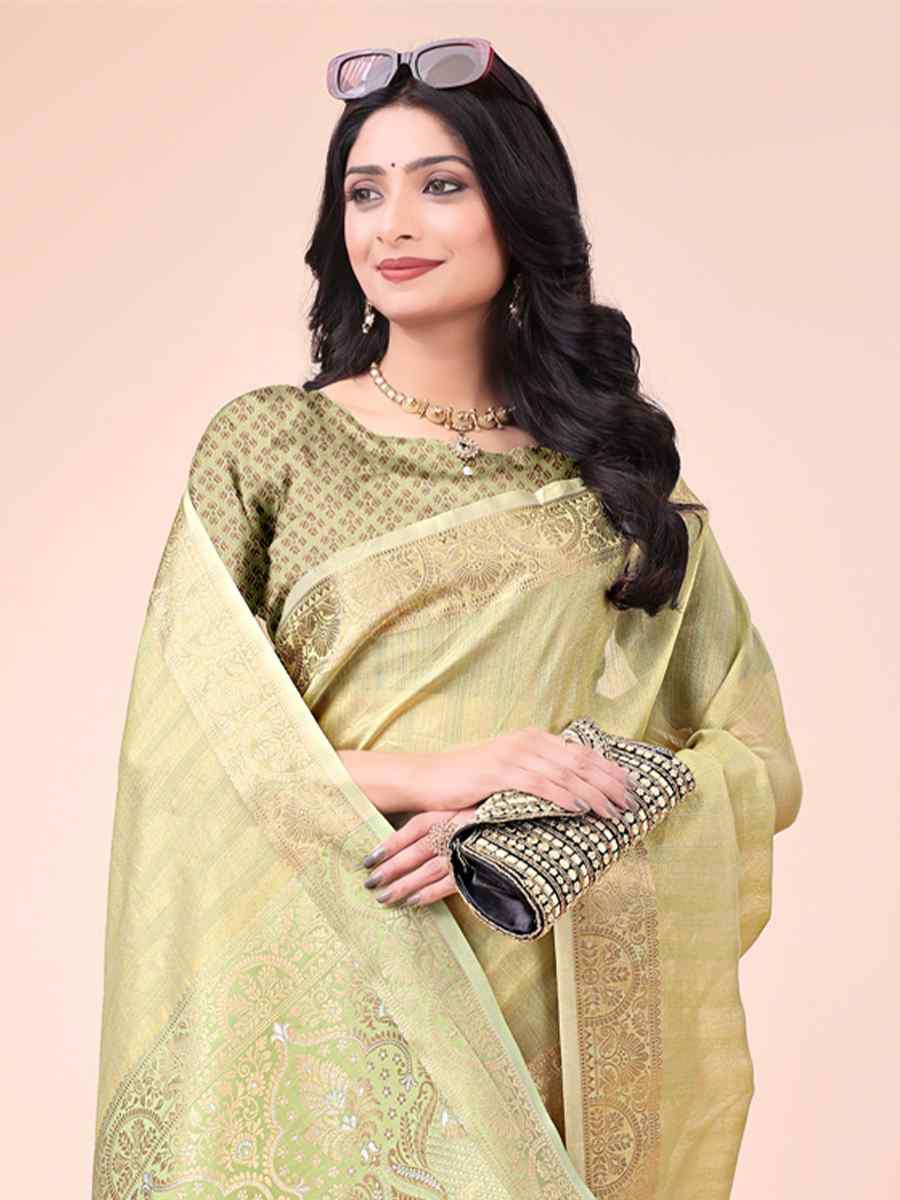 Olive Green Organza Handwoven Festival Wedding Fancy Heavy Border Saree