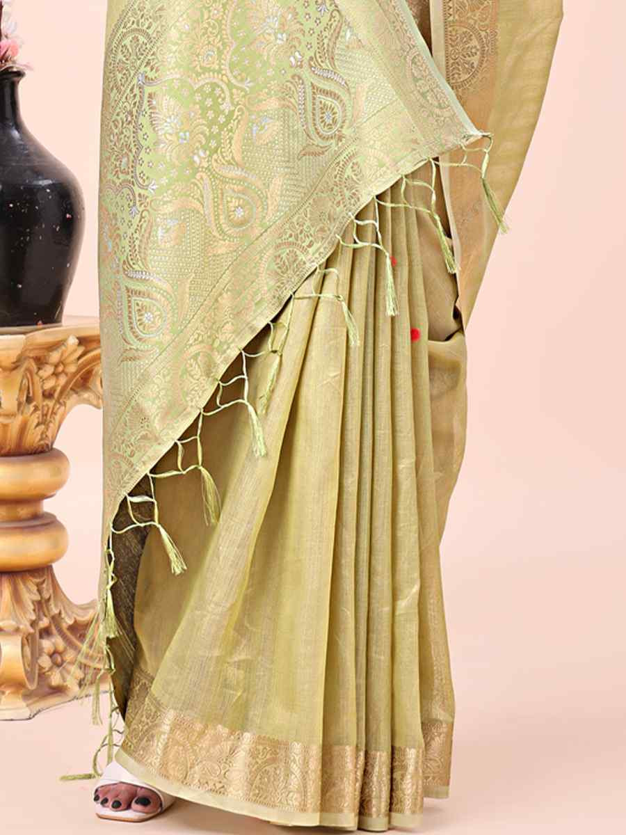 Olive Green Organza Handwoven Festival Wedding Fancy Heavy Border Saree