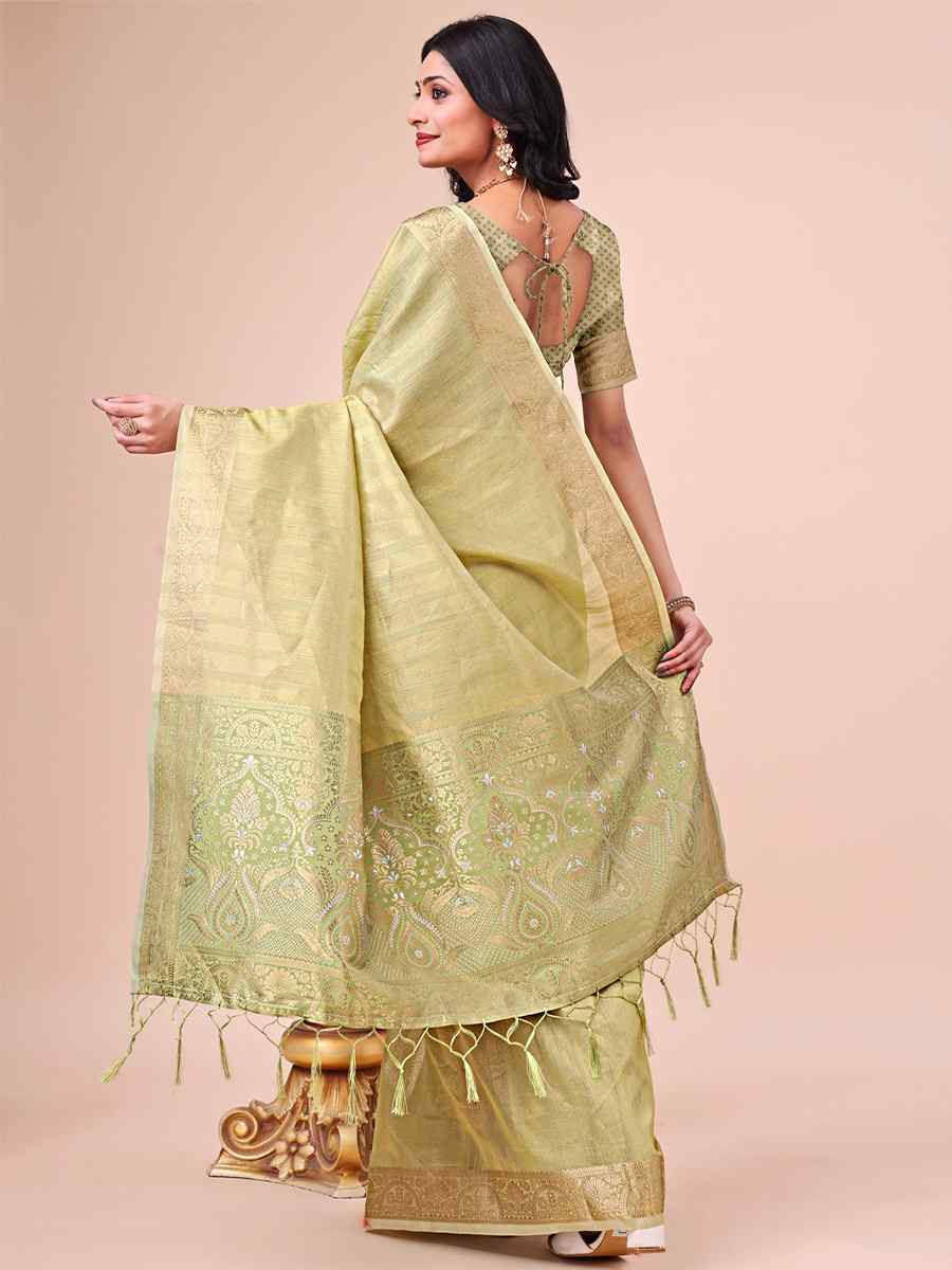 Olive Green Organza Handwoven Festival Wedding Fancy Heavy Border Saree