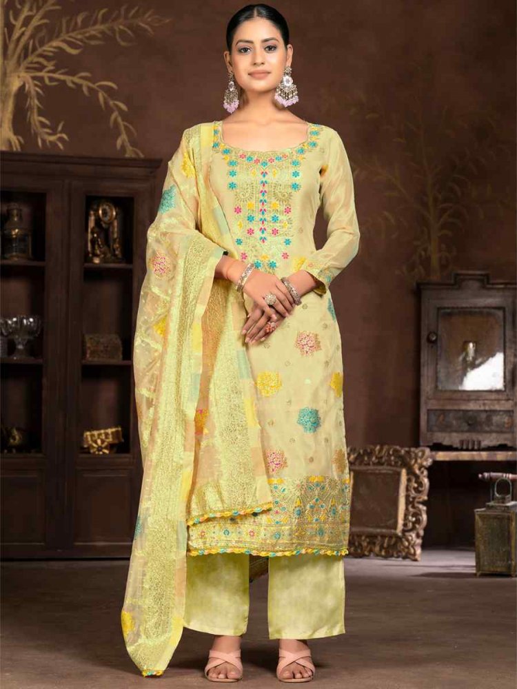 Olive Green Organza Jacquard Embroidered Casual Festival Pant Salwar Kameez