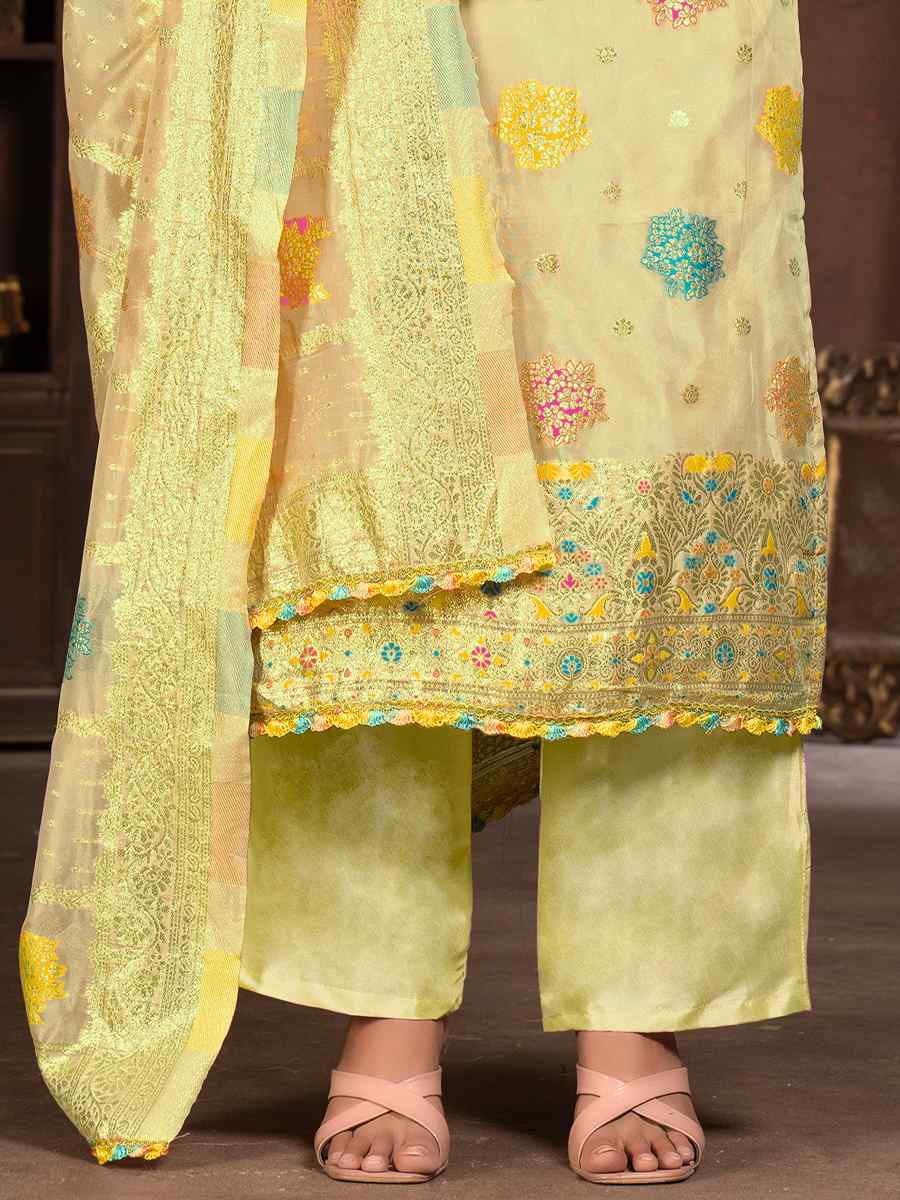 Olive Green Organza Jacquard Embroidered Casual Festival Pant Salwar Kameez