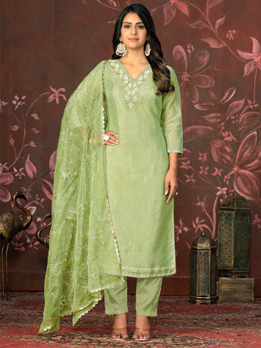 Olive Green Organza Jacquard Embroidered Casual Festival Pant Salwar Kameez