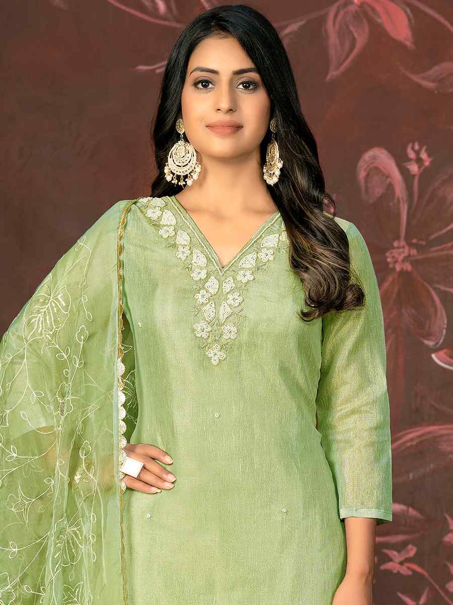 Olive Green Organza Jacquard Embroidered Casual Festival Pant Salwar Kameez