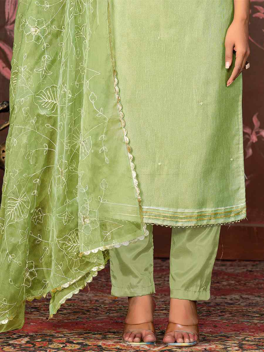 Olive Green Organza Jacquard Embroidered Casual Festival Pant Salwar Kameez
