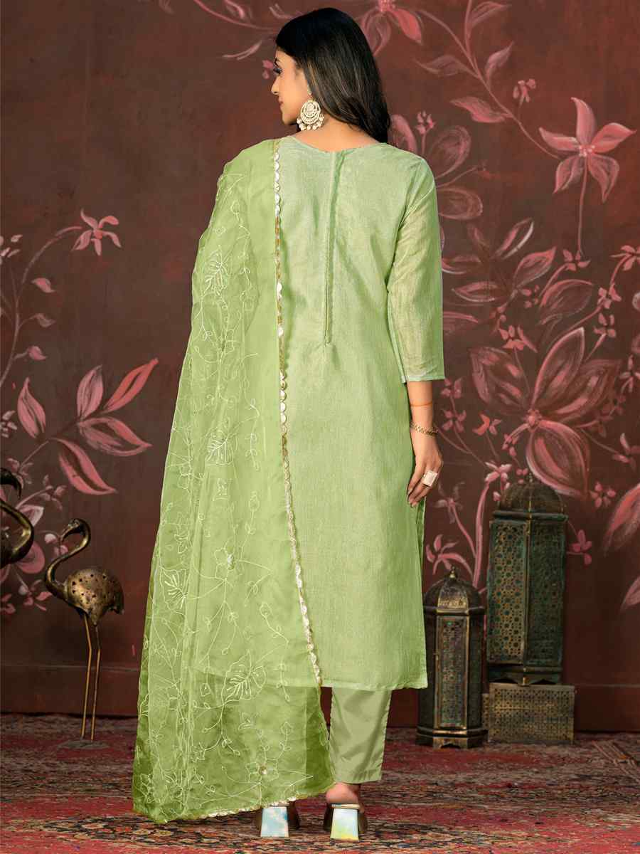 Olive Green Organza Jacquard Embroidered Casual Festival Pant Salwar Kameez