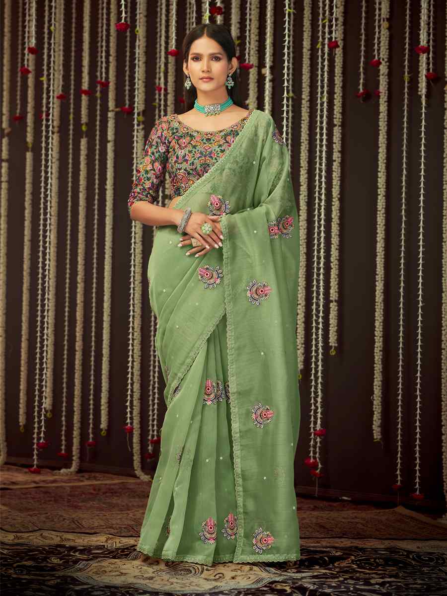 Olive Green Organza Sequins Wedding Party Classic Style Saree