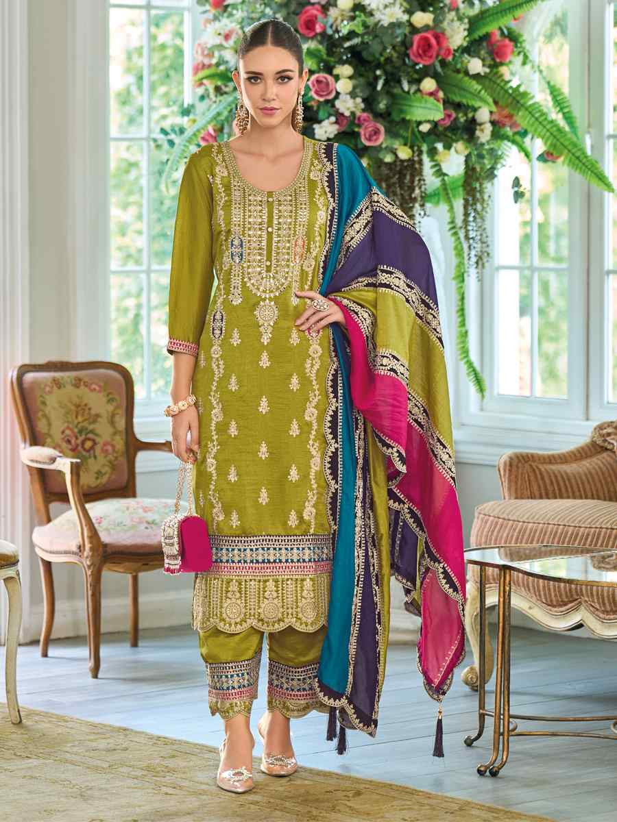 Olive Green Premium Chinon Silk Embroidered Festival Wedding Pant Salwar Kameez