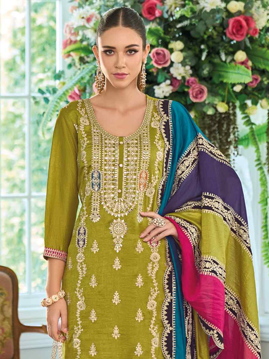 Olive Green Premium Chinon Silk Embroidered Festival Wedding Pant Salwar Kameez