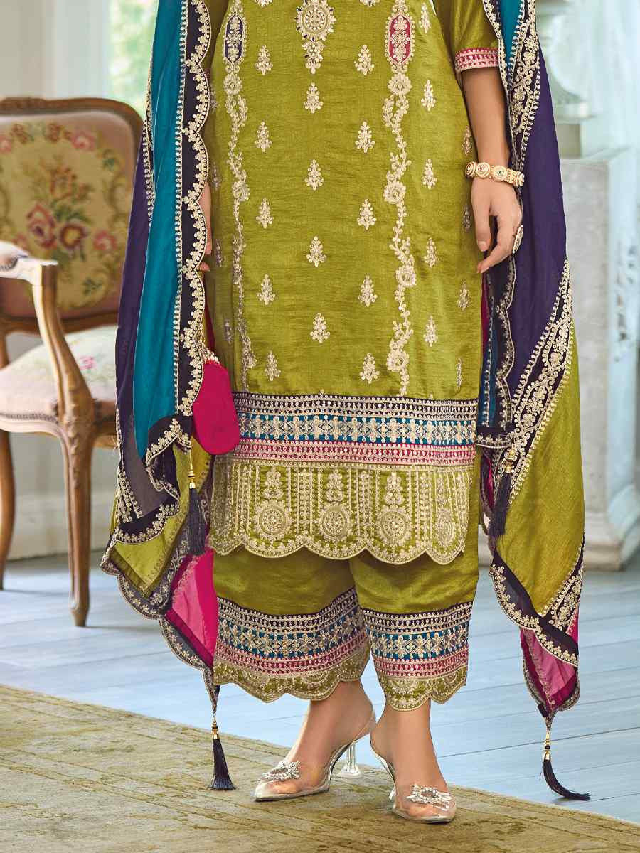 Olive Green Premium Chinon Silk Embroidered Festival Wedding Pant Salwar Kameez