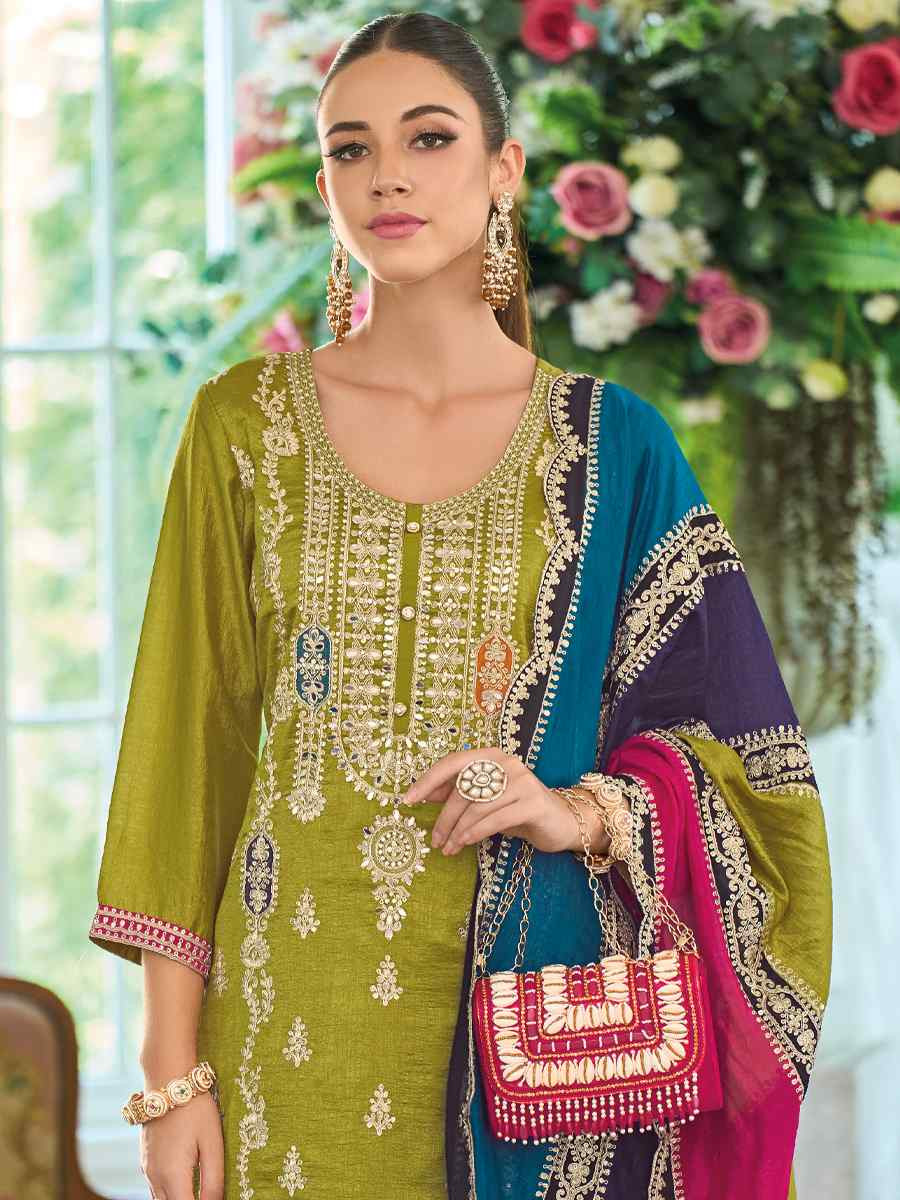Olive Green Premium Chinon Silk Embroidered Festival Wedding Pant Salwar Kameez