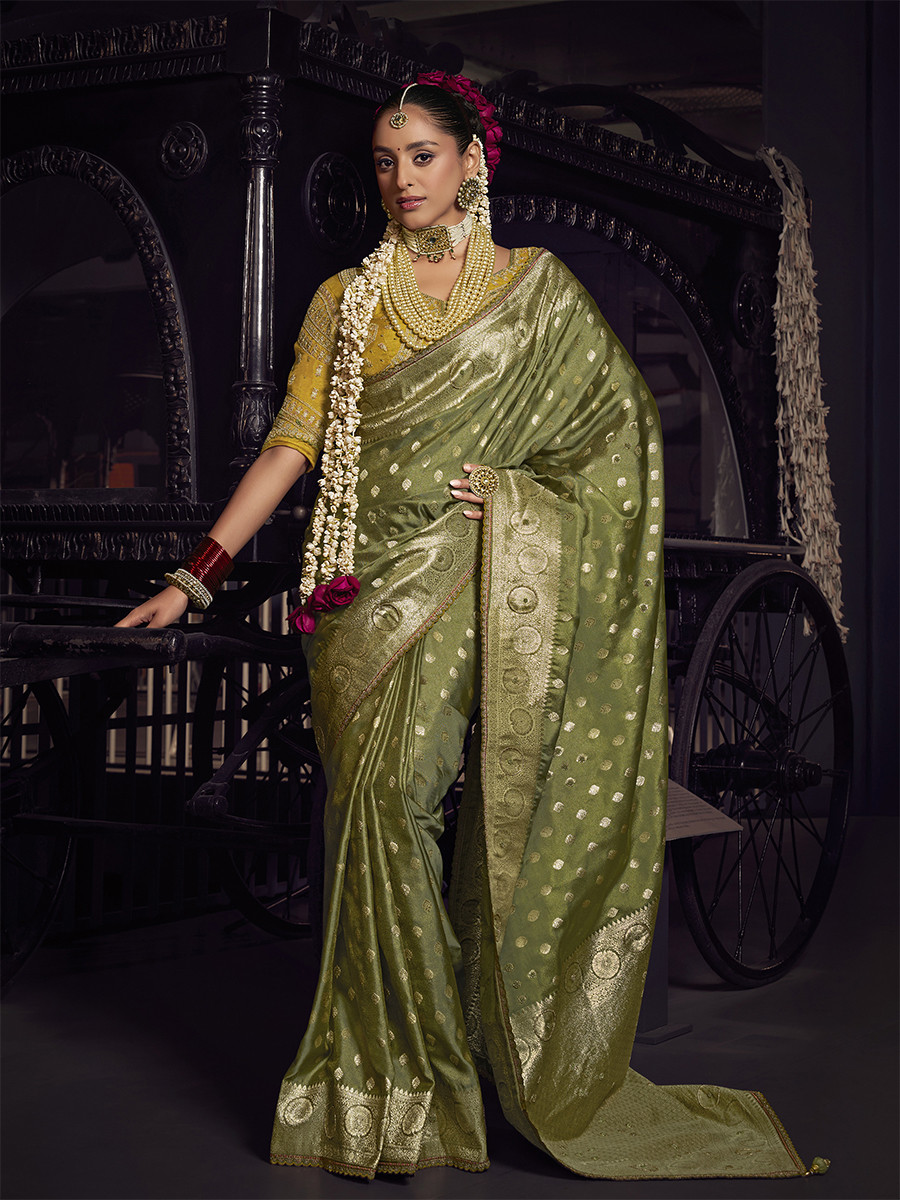 Olive Green Pure Viscose Embroidery Wedding Reception Party Festival Casual Heavy Border Sarees