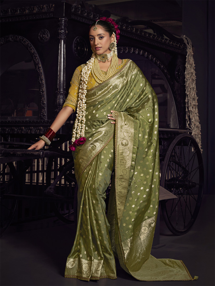 Image of Olive Green Pure Viscose Embroidery Wedding Reception Party Festival Casual Heavy Border Sarees