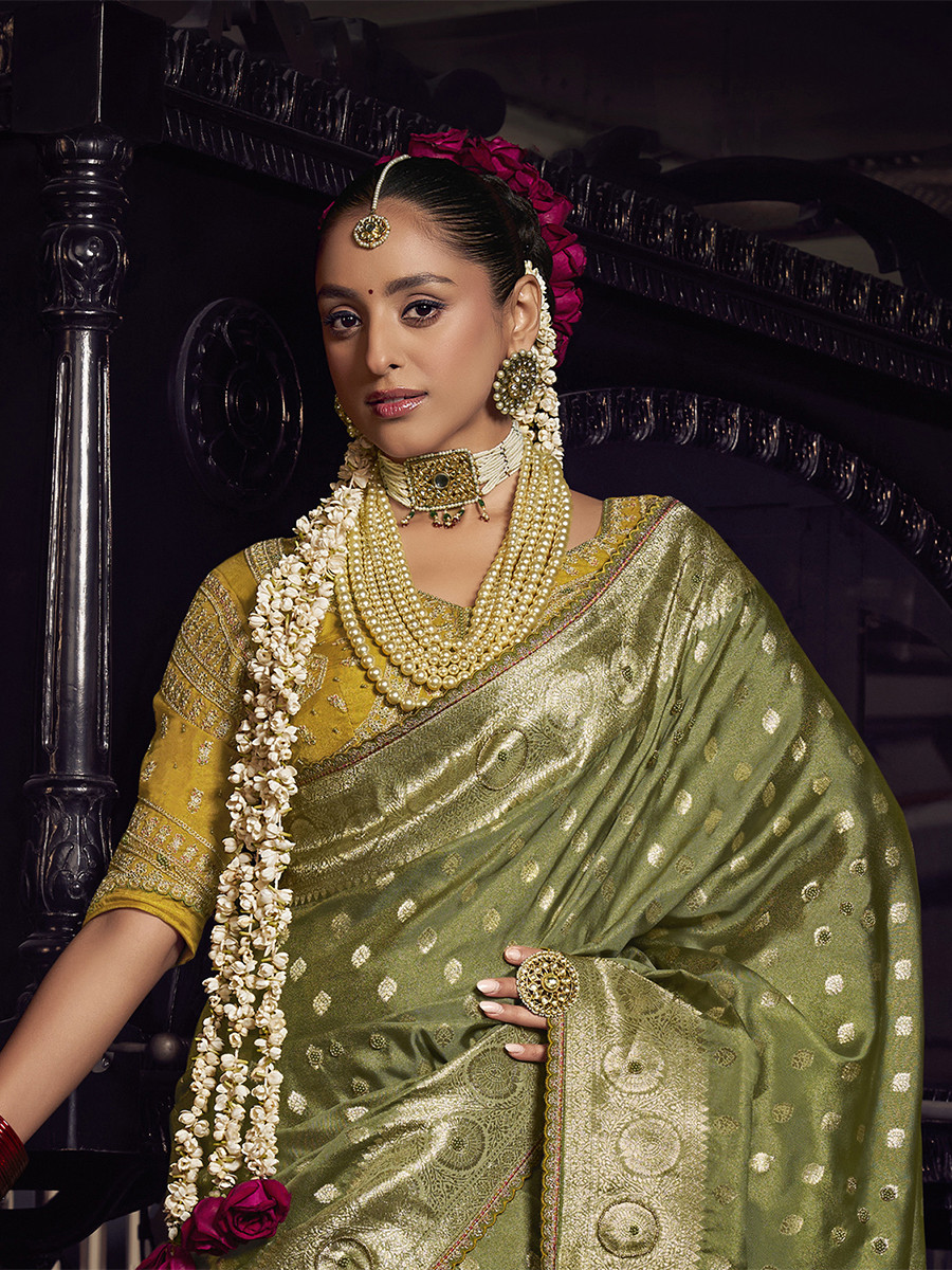 Olive Green Pure Viscose Embroidery Wedding Reception Party Festival Casual Heavy Border Sarees