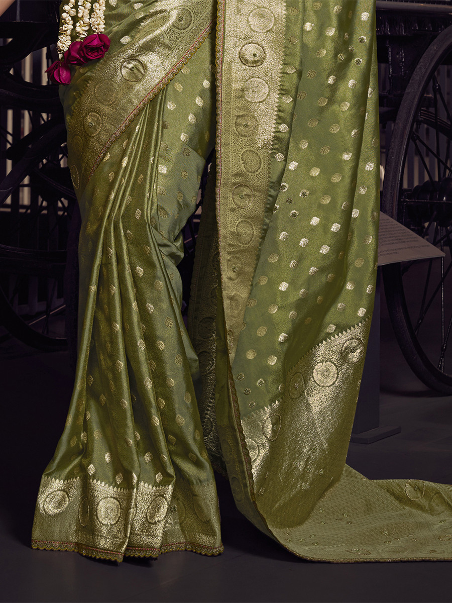 Olive Green Pure Viscose Embroidery Wedding Reception Party Festival Casual Heavy Border Sarees