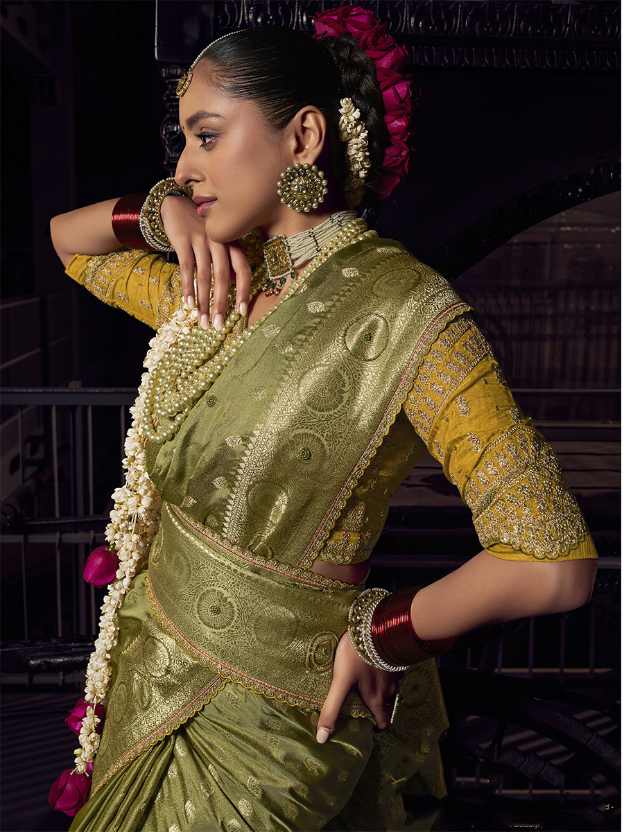 Olive Green Pure Viscose Embroidery Wedding Reception Party Festival Casual Heavy Border Sarees